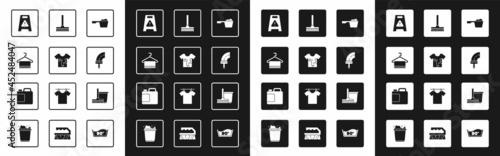 Set Washing powder, Dirty t-shirt, Towel on hanger, Wet floor, Rubber cleaner for windows, Handle broom, Mop bucket and Bottle cleaning agent icon. Vector
