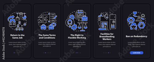 Return to work employee rights dark onboarding mobileapp page screen. Walkthrough 5 steps graphic instructions with concepts. UI, UX, GUI vector template with linear night and day mode illustrations