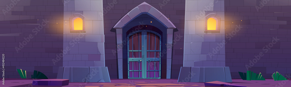 Obraz premium Medieval castle gate at night, palace entry exterior arched door, fortress towers and light in vents. Architecture wall of stone bricks, fairytale dungeon building facade, Cartoon vector illustration