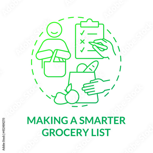 Making smarter grocery list green gradient concept icon. Shopping checklist abstract idea thin line illustration. Meal planning on budget. Buying food products. Vector isolated outline color drawing