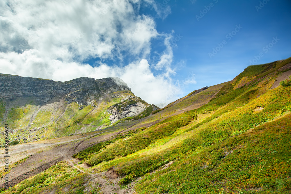 Beautiful mountain landscape. Grassy mountains and hills.