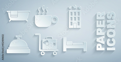 Set Suitcase, Hotel building, service bell, room bed, Coffee cup and Bathtub icon. Vector