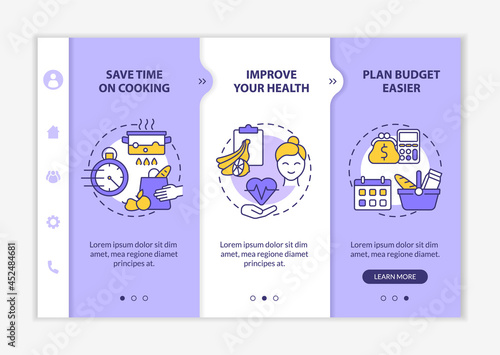 Reasons for meal planning purple onboarding vector template. Responsive mobile website with icons. Web page walkthrough 3 step screens. Improve health color concept with linear illustrations