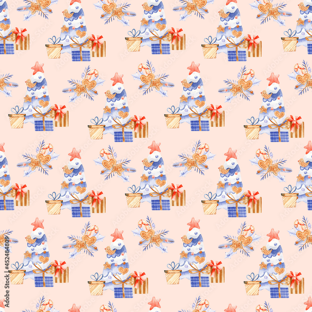 Watercolor cute christmas seamless pattern for wrapping paper, fabric, digital scrapbooking. My first christmas pattern. Christmas tree, gift boxes repeat background