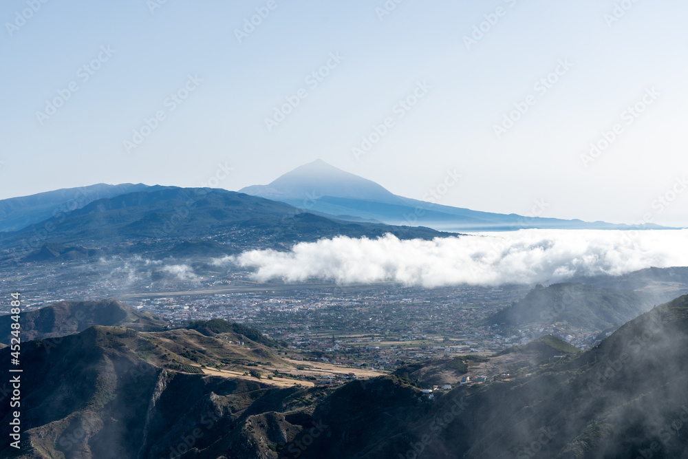 Mountain landscape. View from the observation deck: Mirador Pico del Ingles. In the background Teide volcano. Tenerife, Canary Islands, Spain.