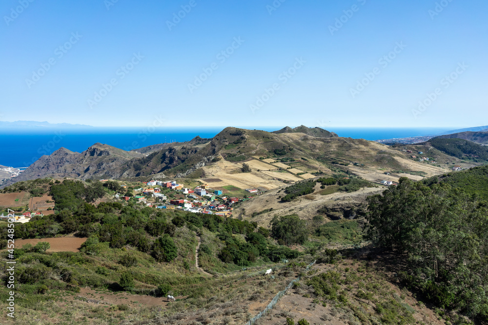 View of the nature landscape of valley and mountains from the observation deck - Mirador De Jardina. Tenerife. Canary Islands. Spain.