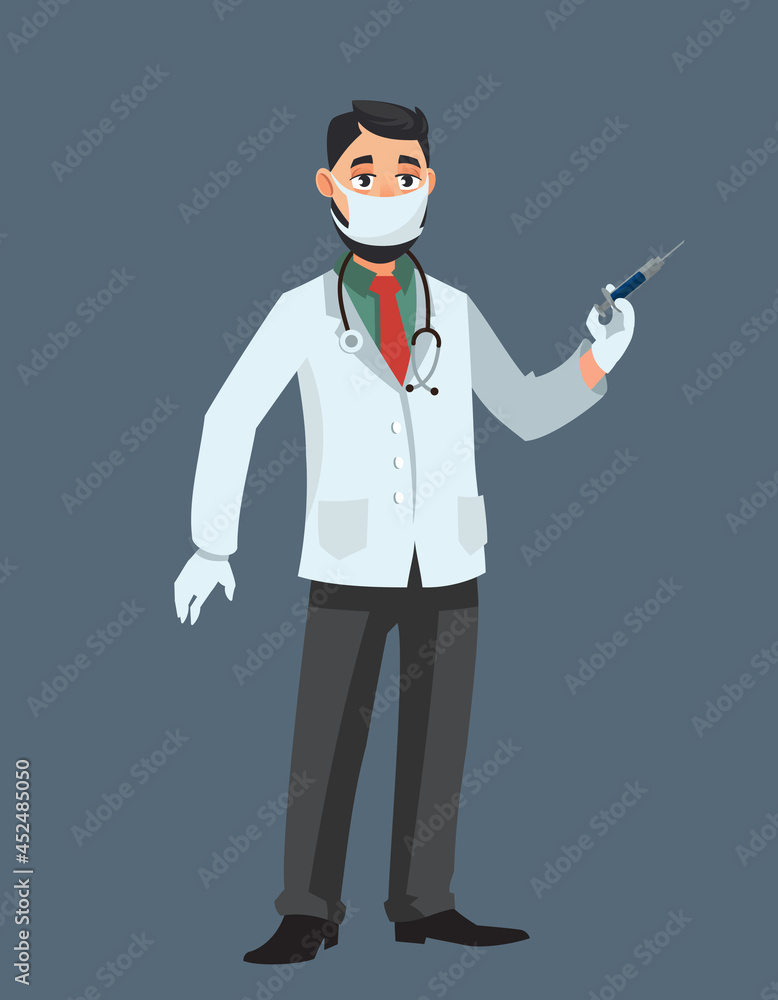 Doctor holding syringe. Man in cartoon style.
