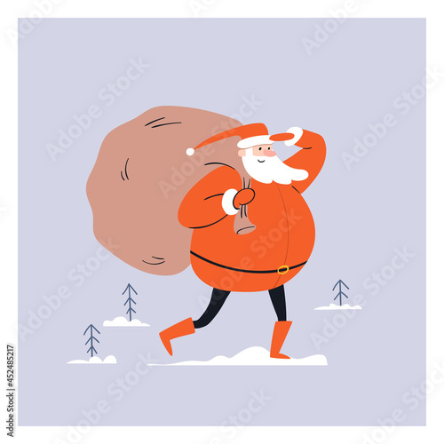 Cartoon Santa walks with a big bag of gifts on his back. Cheerful Santa Claus examines his way through the forest. Christmas vector illustration isolated on blue background.