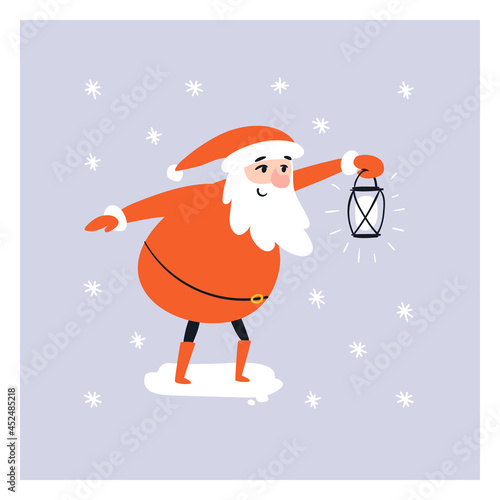 Cartoon Santa holding a lantern in his hand under the snow. Cheerful Santa Claus illuminates his way with a bright lantern. Christmas vector illustration isolated on blue background.