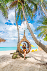 Summer lifestyle traveler woman relaxing on straw nests joy nature view landscape vacation luxury beach, Attraction place leisure tourist travel Thailand holiday, Tourism beautiful destination Asia