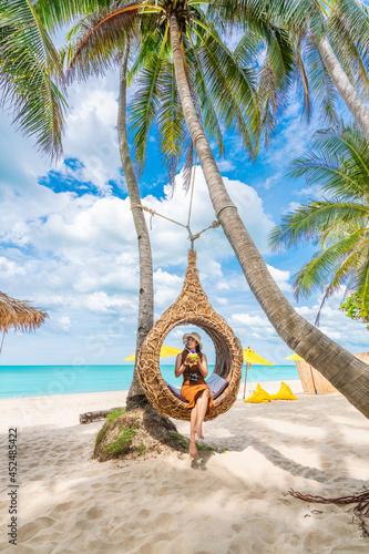 Summer lifestyle traveler woman relaxing on straw nests joy nature view landscape vacation luxury beach, Attraction place leisure tourist travel Thailand holiday, Tourism beautiful destination Asia