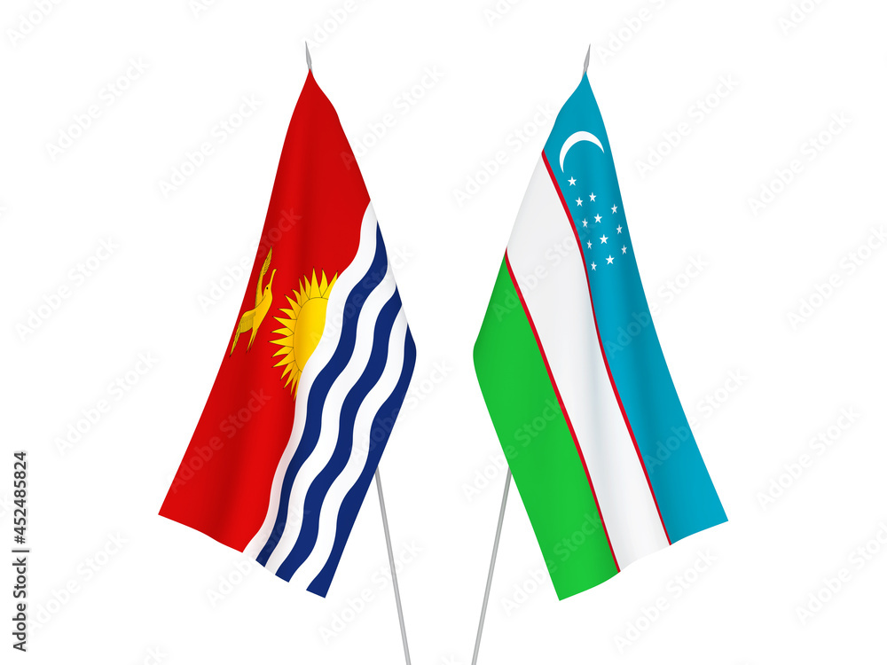 National fabric flags of Uzbekistan and Republic of Kiribati isolated on white background. 3d rendering illustration.