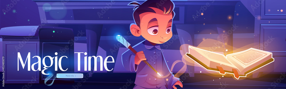 Magic time poster with boy reading spell book at night. Vector banner ...