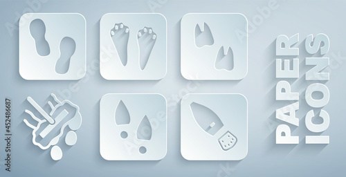 Set Human footprints shoes, Camel paw, Mop, Rabbit and hare and icon. Vector