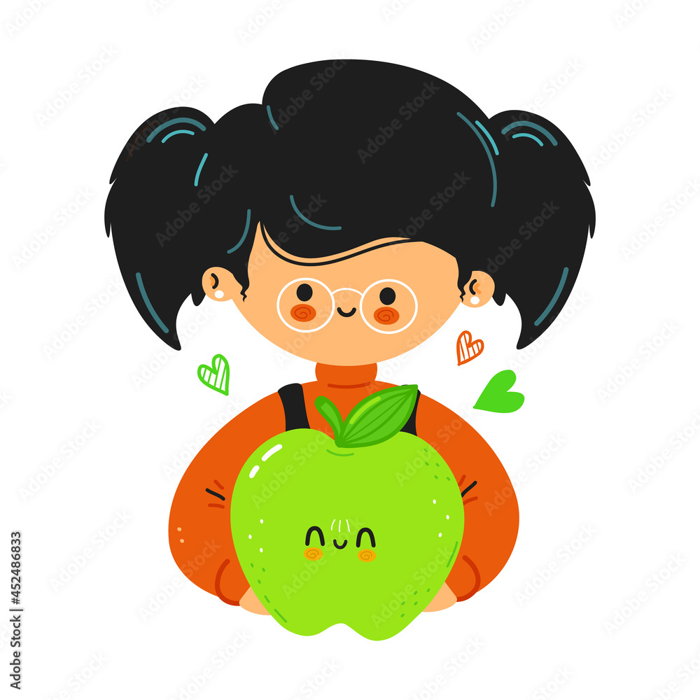 Young cute funny little girl hold green apple in hand. Little girl hugs cute green apple. Isolated on white background Young cute funny little girl hold green apple in hand. Little girl hugs cute green apple. Isolated on white background