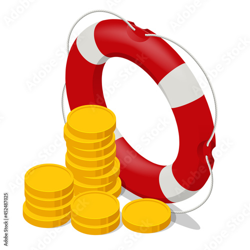 Isometric stacked coins in red lifebuoy or lifebelt. Risk management analysis. Insurance policy concept. Rescue of the money.