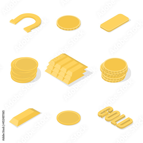 Set of gold items 3D, vector illustration.