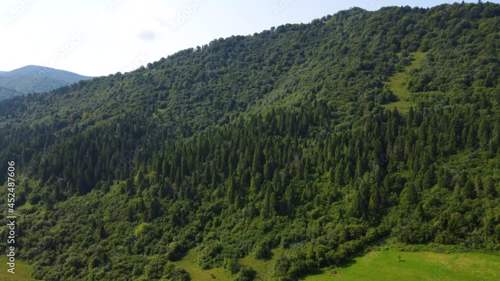 Сinematic aerial view of the endless mountains and forests of southern Slovenia. Drone flying through the forest