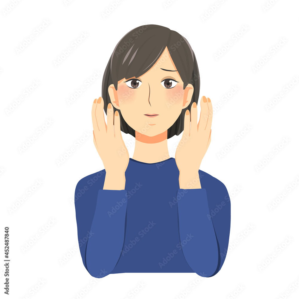両手を顔にあてた不満げな表情の女性 両手を顔にあてた不満げな表情の女性
