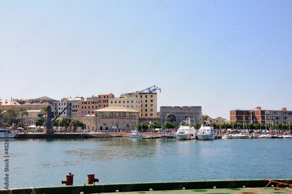 Obraz premium Genoa Old Port. Boats and small yachts in the port. Porto Antico, Liguria, Italy.