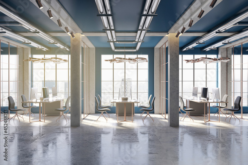 New blue concrete coworking office interior with city view, furniture and other objects. 3D Rendering.
