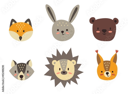 Cute hand drawn heads of forest animals. Fox, hare, bear, wolf, hedgehog, squirrel. White background, isolator. Vector illustration.