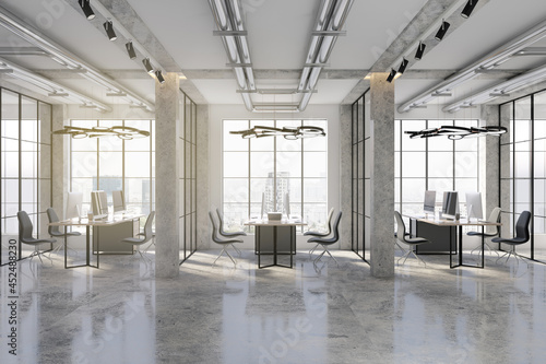 New concrete coworking office interior with city view, furniture and other objects. 3D Rendering.