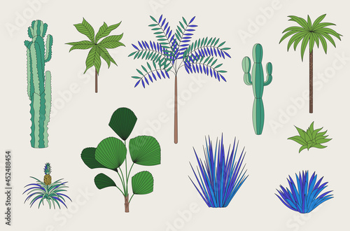Floral Set. Exotic trees, cactus and palms. Blue and green.