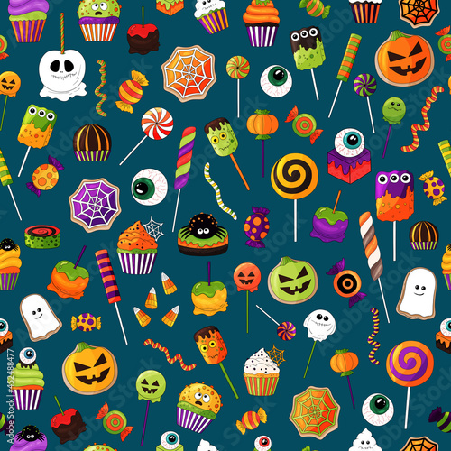 Halloween candy pattern. Vector candies with halloween elements and ornaments. Many types spooky dessert. Colorful treats background. Hand drawn realistic delicious,candy corn, pumpkins, eyeballs. 