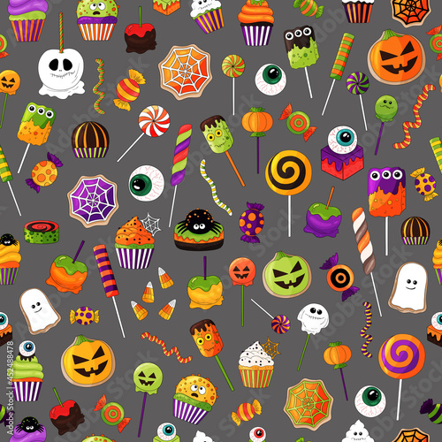Halloween candy pattern. Vector candies with halloween elements and ornaments. Many types spooky dessert. Colorful treats background. Hand drawn realistic delicious,candy corn, pumpkins, eyeballs. 