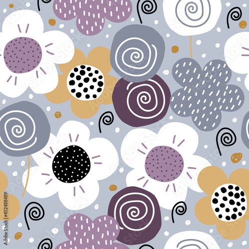 Seamless pattern with abstract cartoon flowers. Cute female print. Vector hand drawn illustration.