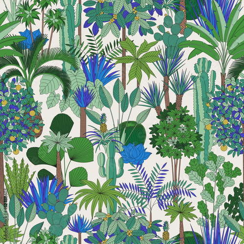 Oasis. Vector seamless pattern. Tropical trees and palms. Blue and green.