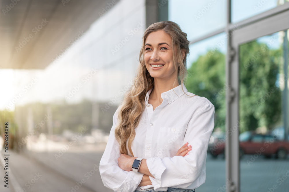 Fototapeta premium Businesswoman Successful Woman Business Person Standing Outdoor Corporate Building Exterior. Caucasian Confidence Professional Business Woman Middle Age