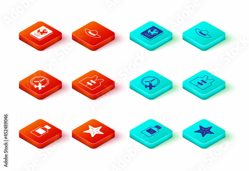 Set Whiskey bottle, Starfish, Clock with airplane, Life jacket, Elegant women hat and Passport icon. Vector