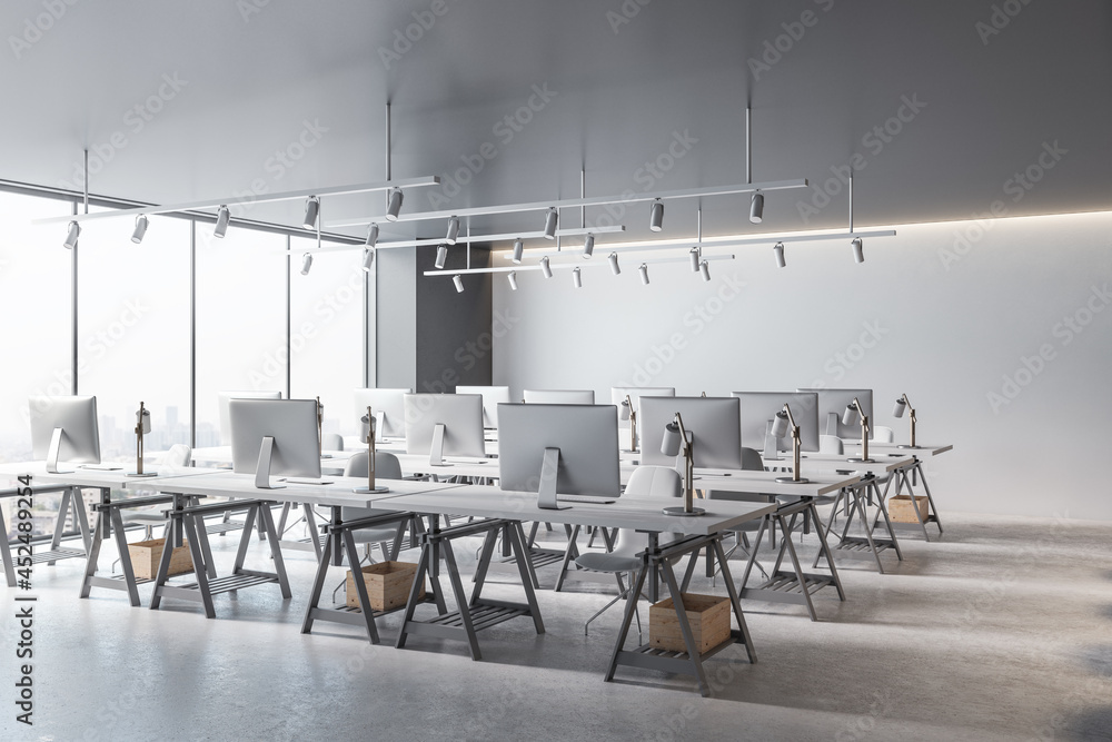 Modern coworking office interior with equipment, furniture and daylight. 3D Rendering.
