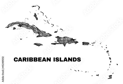 Wire frame irregular mesh Caribbean Islands map. Abstract lines are combined into Caribbean Islands map. Wire carcass flat net in vector format.
