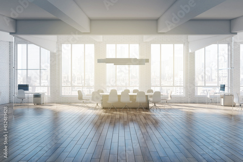 Modern brick  wood and glass office interior with equipment  city view  furniture  devices and daylight. 3D Rendering.