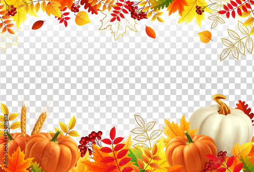 White and yellow pumpkins  orange leaves on transparent background. Autumn festival invitation. Border from autumn leaves and pumpkins. Postcard or banner. 3d realistic vector illustration.