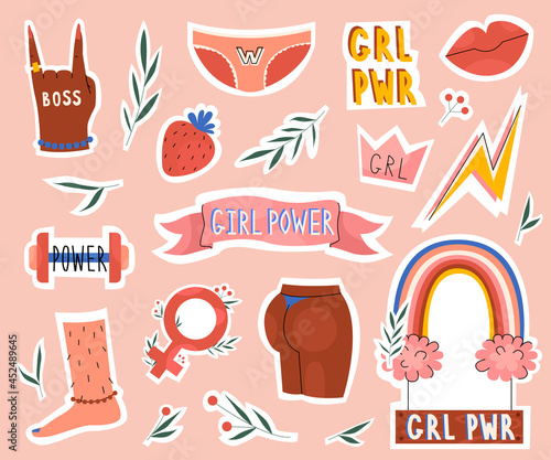 Girl power set collection stickers and womens badges designs in flat style. Vector stock illustration