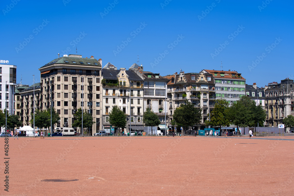 Square Plaine de Plainpalais at City of Geneva on a sunny summer day. Photo taken August 11th, 2021, Geneva, Switzerland.