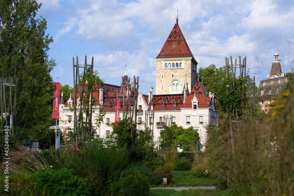 Chateau Ouchy at City of Lausanne at summer morning. Photo taken August 11th, 2021, Lausanne, Switzerland.