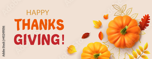 Happy Thanksgiving background with autumn leaves, yellow pumpkins. Poster, card, label. 3d realistic vector illustration of autumn background.