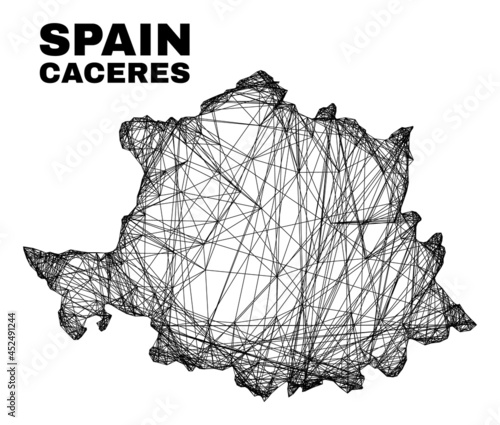 Net irregular mesh Caceres Province map. Abstract lines form Caceres Province map. Wire carcass flat network in vector format.