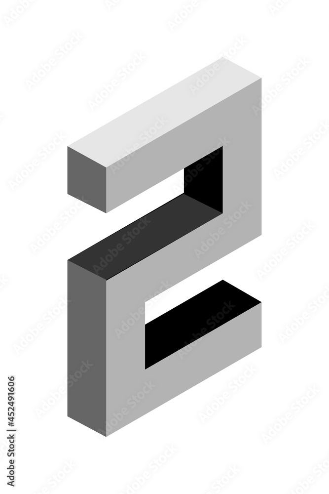 Gray number 2 in isometric style. Isolated on white background. Learning numbers, serial number, price, place. Gray number 2 in isometric style. Isolated on white background. Learning numbers, serial number, price, place.