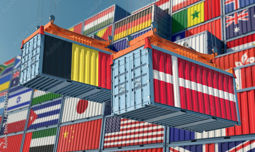 Freight containers with Belgium and Denmark national flags. 3D Rendering 