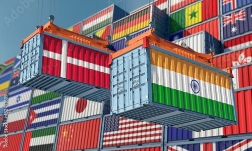 Freight containers with India and Denmark national flags. 3D Rendering 