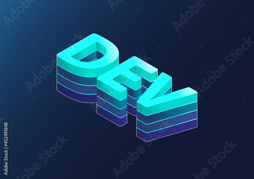 Dev 3d isometric vector text. Isometric blue letters on dark blue background as example for software development.