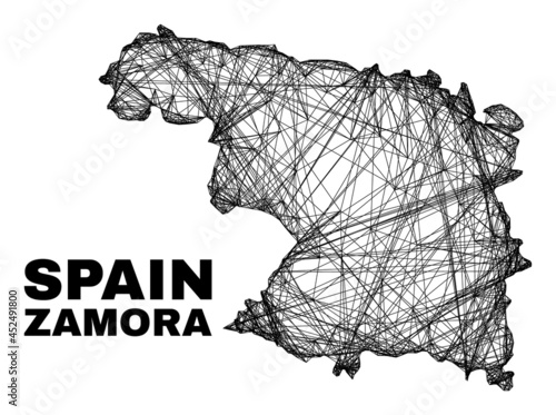 Net irregular mesh Zamora Province map. Abstract lines are combined into Zamora Province map. Wire carcass 2D net in vector format.