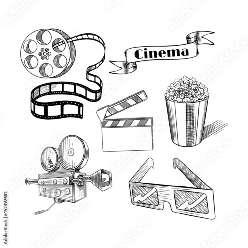 Old fashion sketchy cinema set. Doodle film objects collection. Vector illustration.