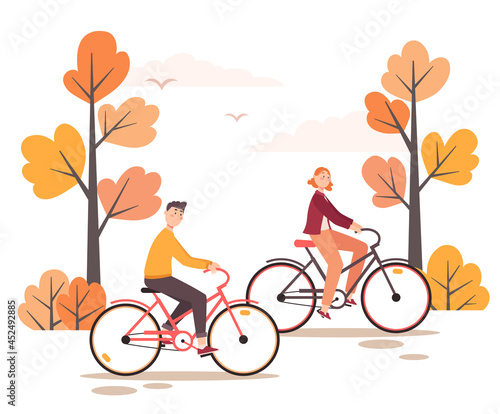 Vector illustration of young couple riding bicycles in a forest